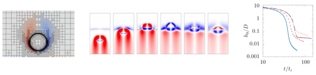 Remontée d’une goutte d’huile (vidéo et simulation numérique) et drainage du film à l’interface eau/air (graphique)